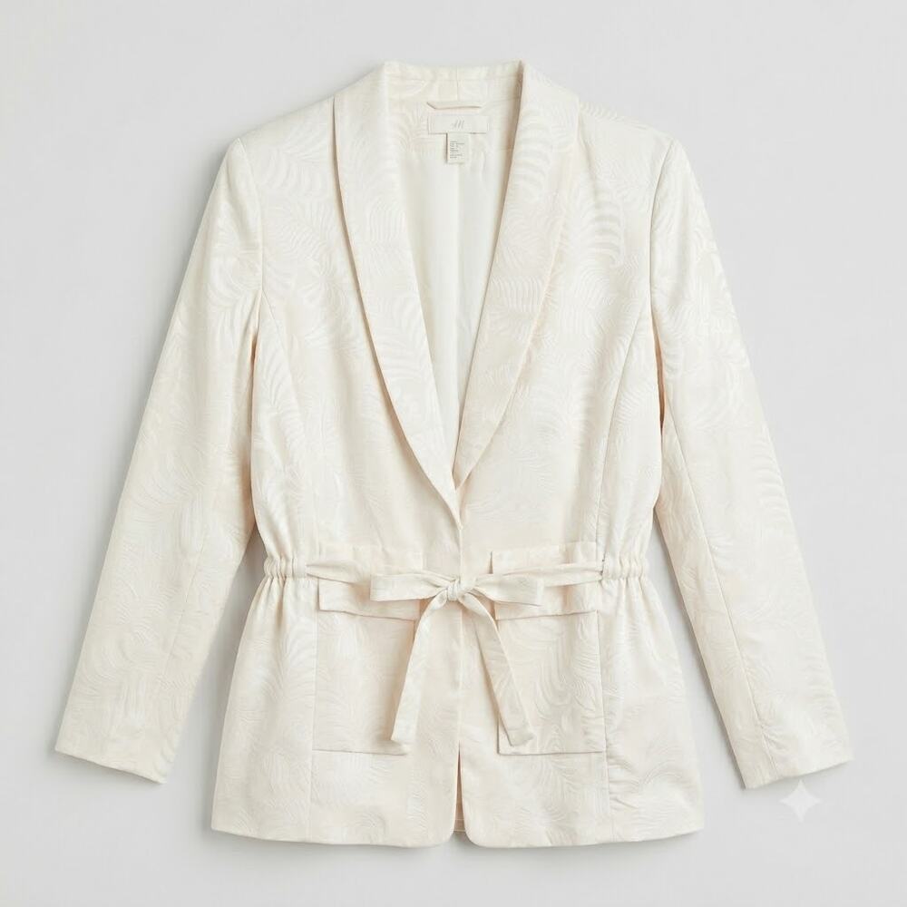 H&M Floral Jacquard Tie Waist Blazer Cream Lined Pockets One Button Womens US 12